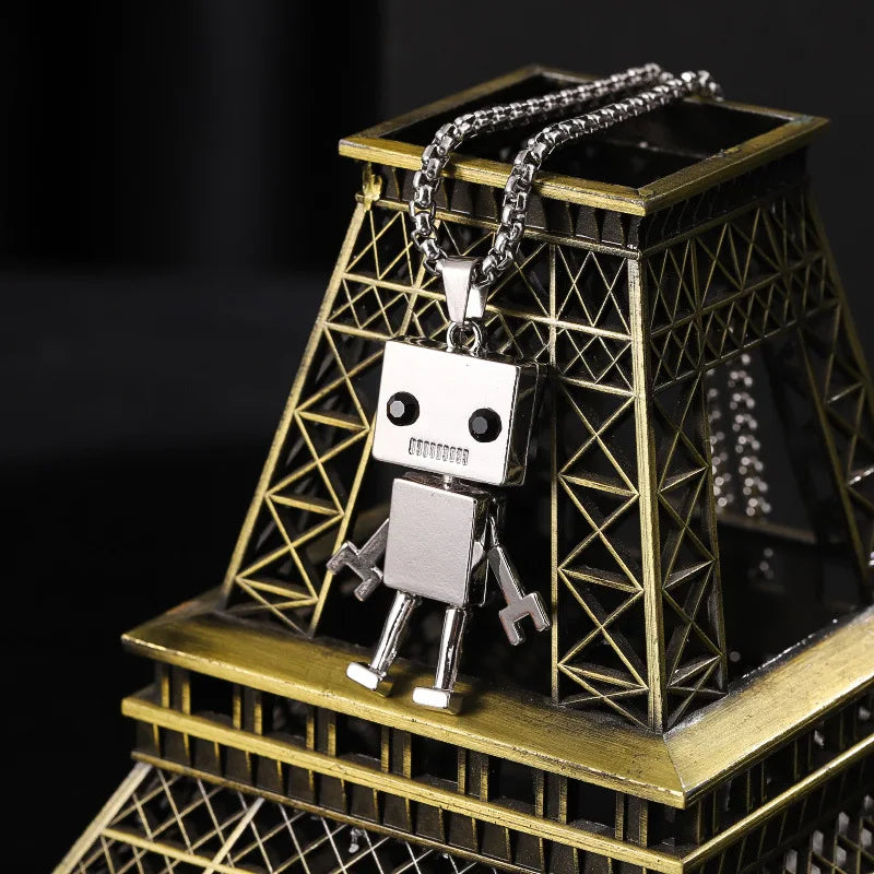Collier Pendentif Robot Cube Articulé Acier Inoxydable - Bijou Homme Hip-Hop