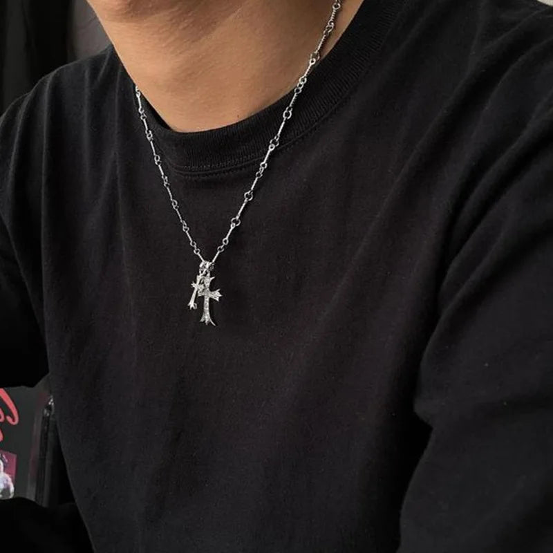 Collier Pendentif Double Croix Vintage - Bijou Unisexe Grunge