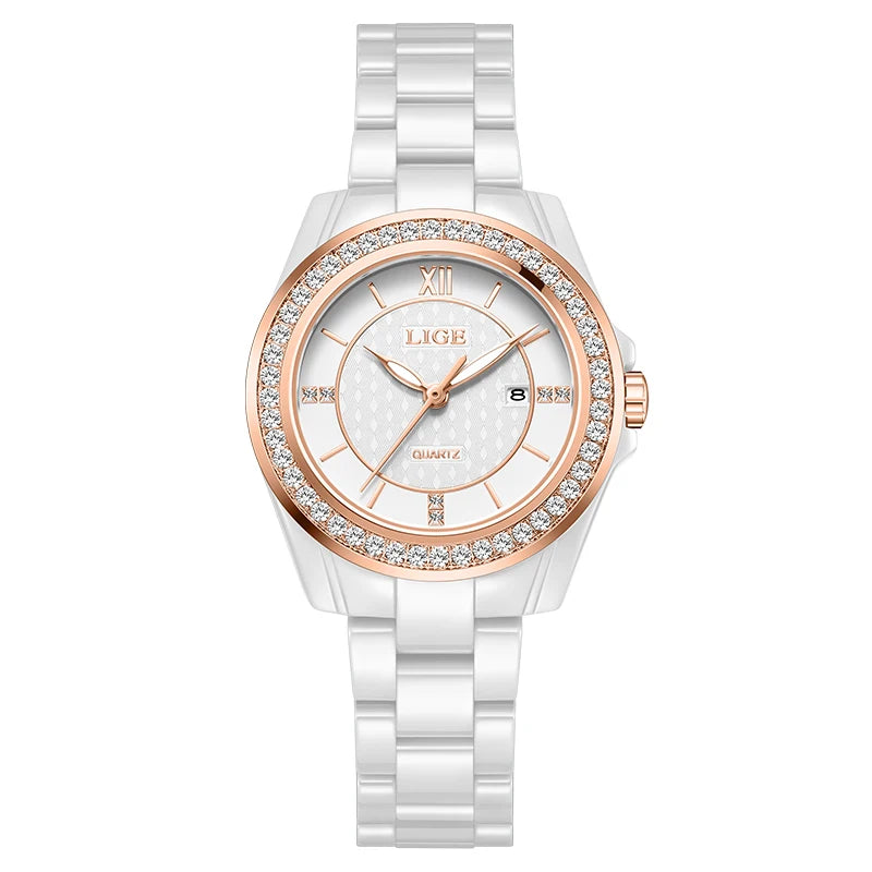 Montre Femme LIGE 2026 Rose – Quartz Céramique Élégante, Calendrier & Étanche 3 ATM