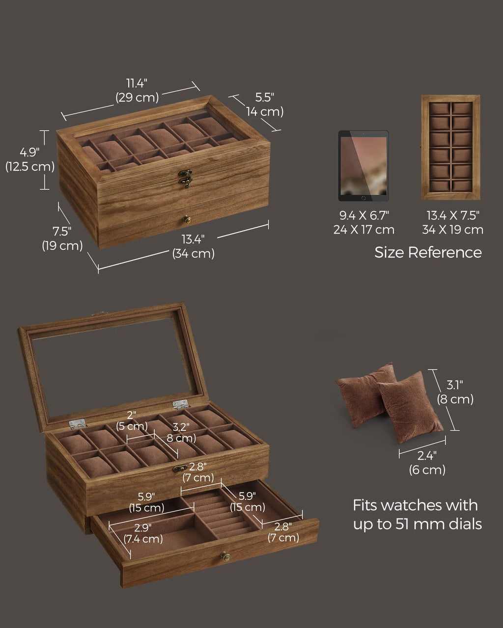Boîte à Montres SONGMICS 12 Emplacements - 2 Niveaux - Grand Verre - Coussins Amovibles - Velours - Bijoux