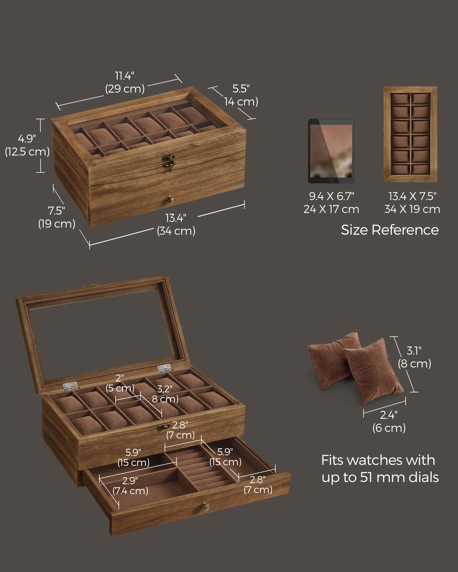 Boîte à Montres SONGMICS 12 Emplacements - 2 Niveaux - Grand Verre - Coussins Amovibles - Velours - Bijoux