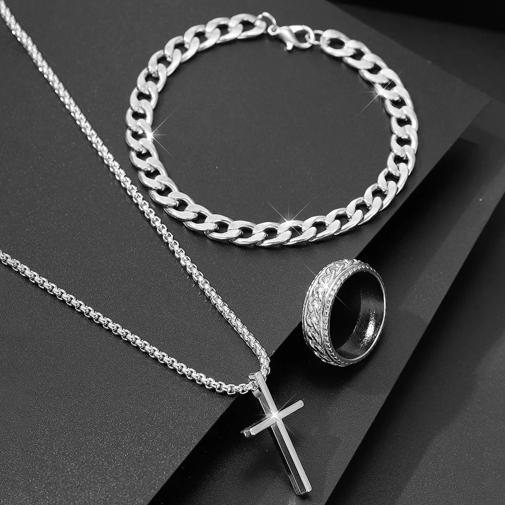 Ensemble Bijoux Homme 3 Pièces Alliage - Collier Pendentif Croix, Bracelet & Bague