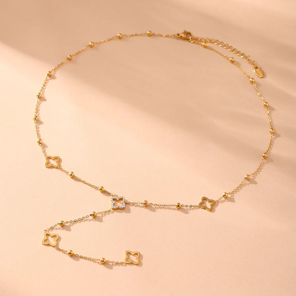 Collier Chaîne Longue Trèfle Porte-Bonheur Zircon Acier Inoxydable - Bijou Femme Élégant