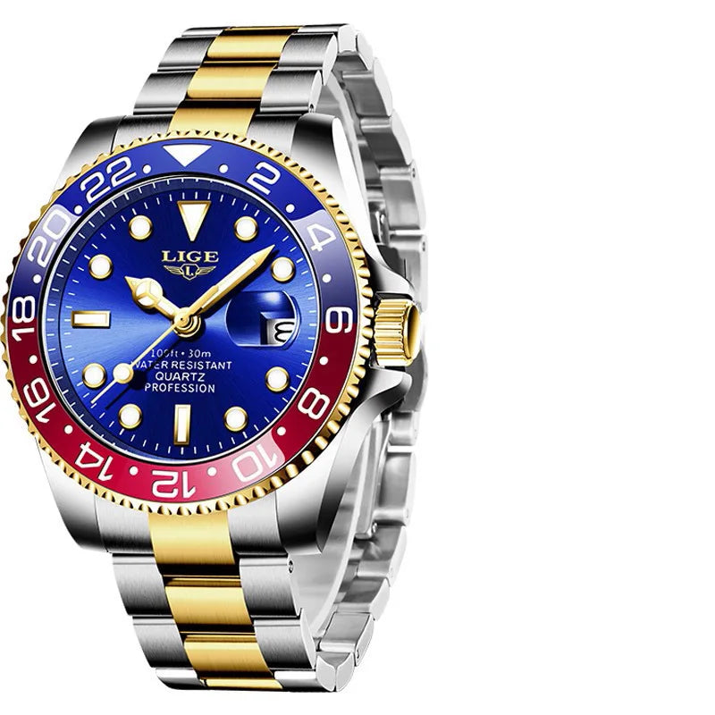 LIGE - Montre Homme 2025 Lumineuse - Acier Bicolore Or/Argent - Lunette Bleue Rouge - Étanche 3 ATM