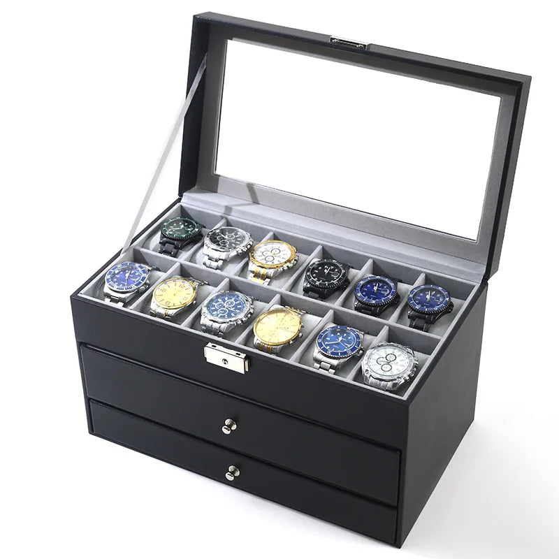 Boîte à Montres 12 Fentes - Coffret Rangement Luxe Cuir PU avec Tiroir Bijoux