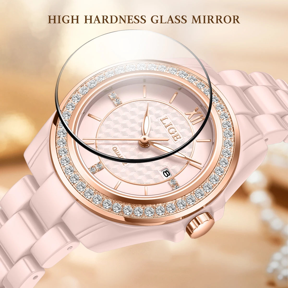 Montre Femme LIGE 2026 Rose – Quartz Céramique Élégante, Calendrier & Étanche 3 ATM