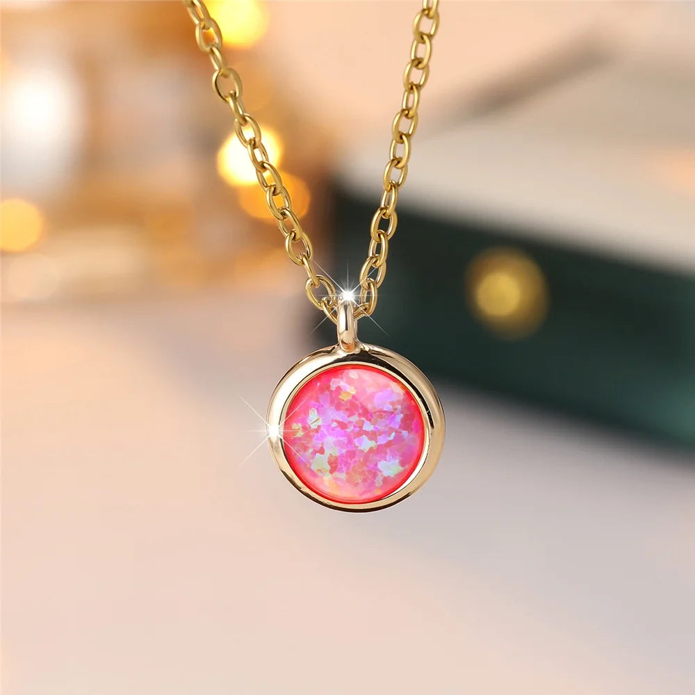 Collier de Luxe Pendentif Rond Pierre d'Opale Bleue Blanche - Vintage Couleur Or Mariage