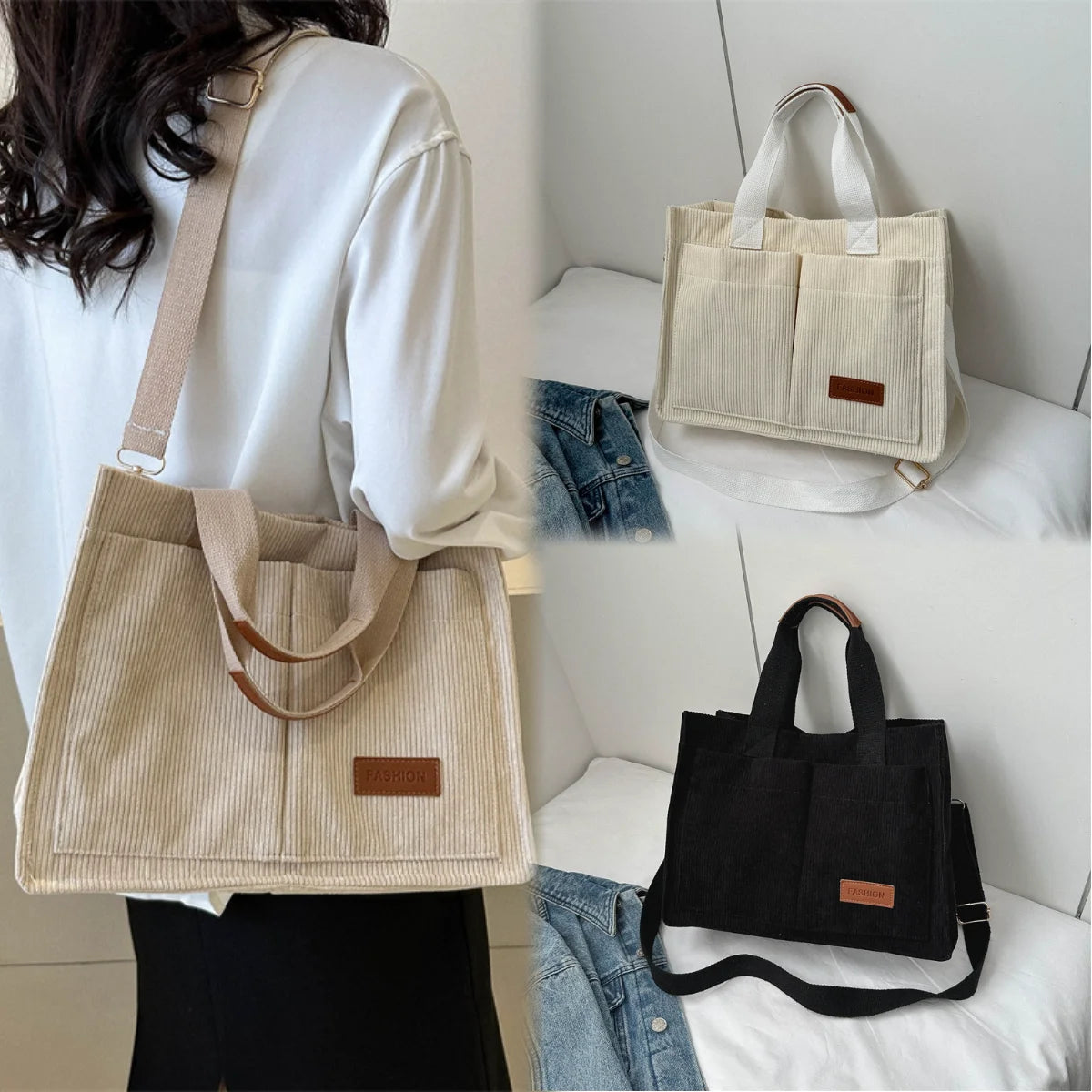 Sac à Main Femme Velours Côtelé Grande Capacité - Sac Bandoulière Fashion Travail