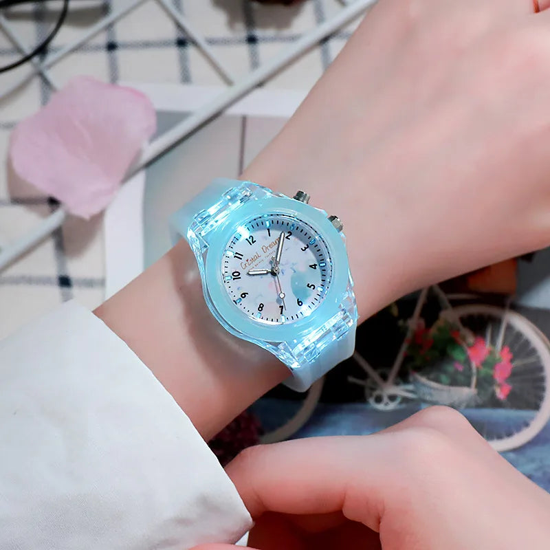 MOONBIFFY - Montre Enfant Sport Transparente - Effet Flash Lumineux - Bracelet Silicone - Chiffres Arabes
