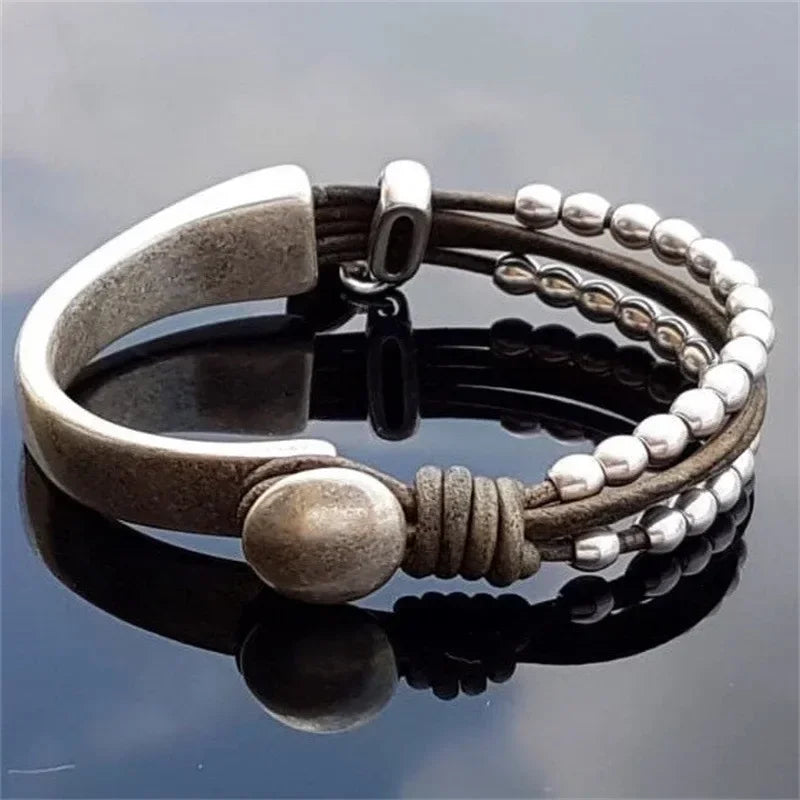 Bracelet Bohème Chic Hippie Double Cuir Tressé Perles Unisexe