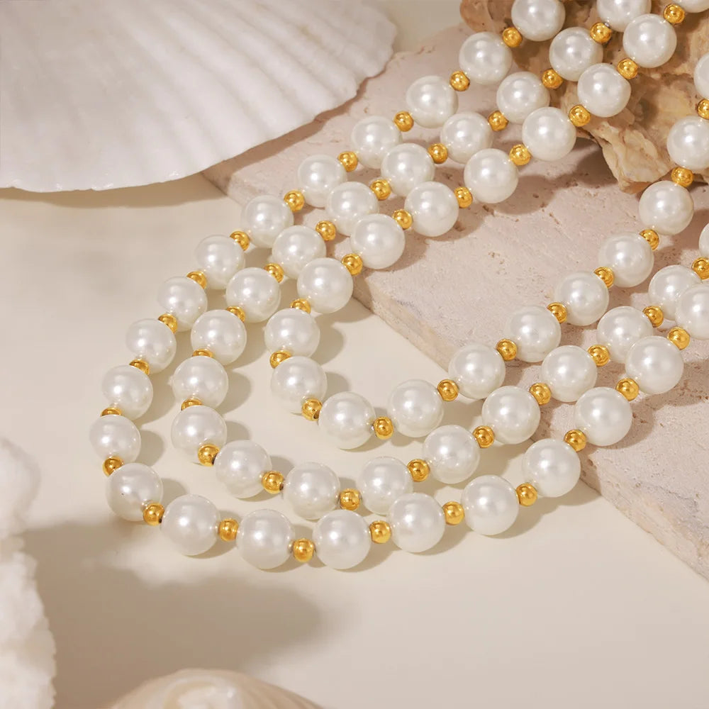 Collier Femme Chaîne Clavicule Inaltérable - Perles Coquillage Blanc 12mm Acier Inoxydable
