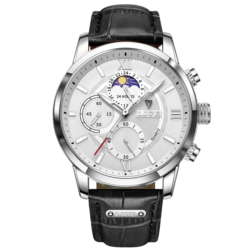 LIGE - Montre Homme Chronographe - Cuir Marron - Phase de Lune - Étanche 3 ATM