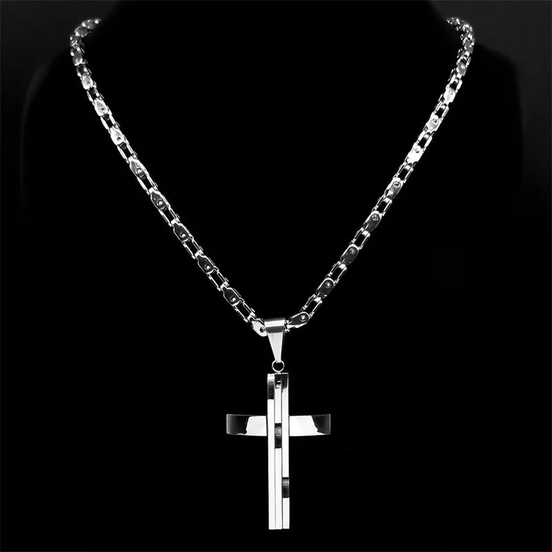 Collier Pendentif Croix Hip-Hop Acier Inoxydable - Bijou Homme Argenté