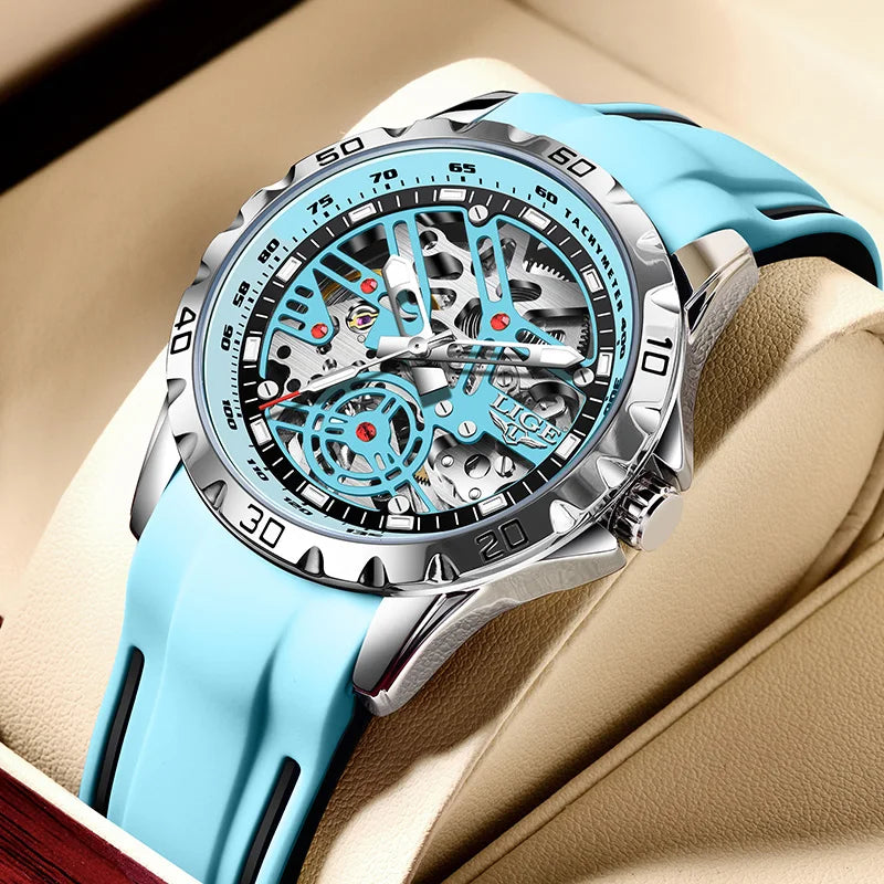 LIGE - Montre Homme Mécanique Automatique Squelette Tourbillon - Bracelet Silicone - Étanche 3 ATM