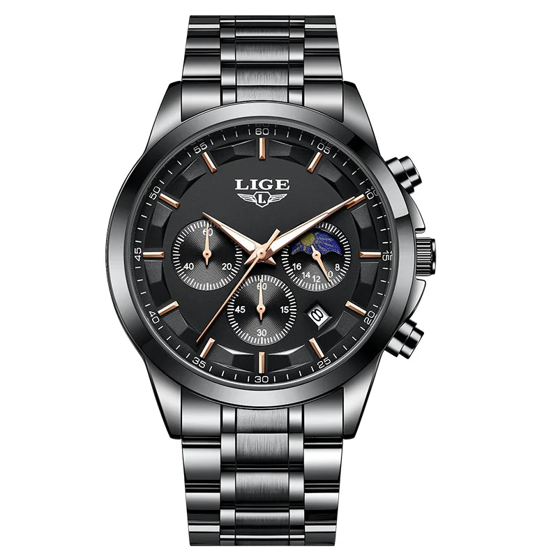 Montre Homme LIGE 2026 Luxe - Quartz Phase de Lune Calendrier Lumineux