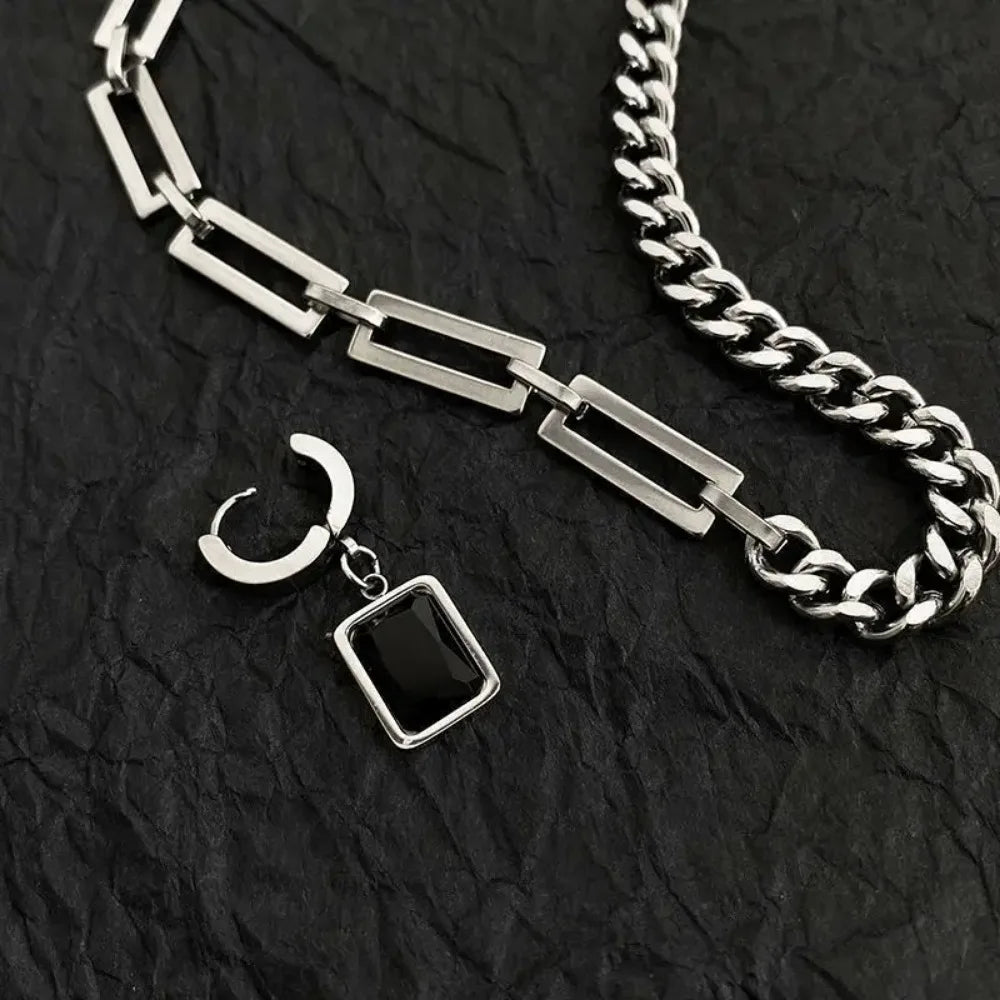 Collier Homme Tendance Pendentif Carré Noir - Chaîne Acier Inoxydable Asymétrique