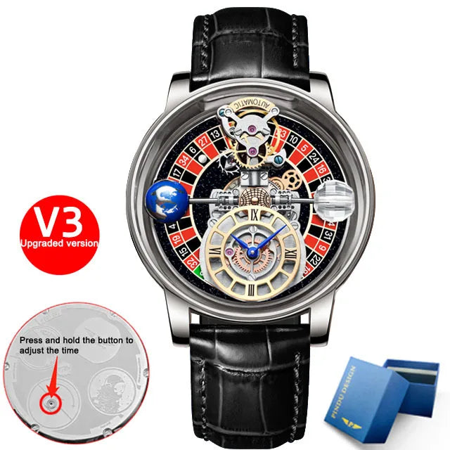PINDU - Montre Homme Roulette Las Vegas - Design Astronomique Transparent - Quartz