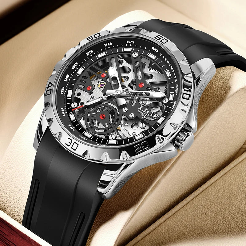 LIGE - Montre Homme Mécanique Automatique Squelette Tourbillon - Bracelet Silicone - Étanche 3 ATM