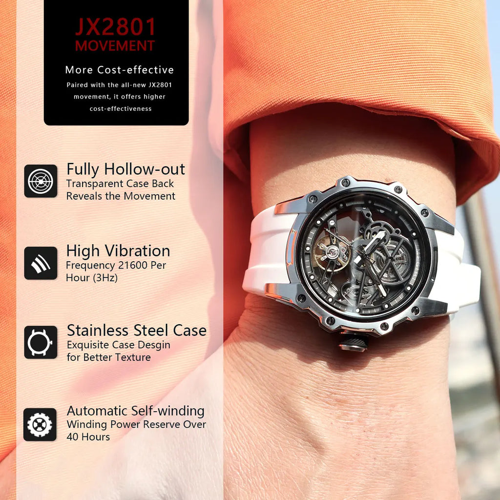 MEGIR - Montre Homme 2245 Mécanique Automatique Squelette Sport - Bracelet Silicone Blanc - Acier Inoxydable