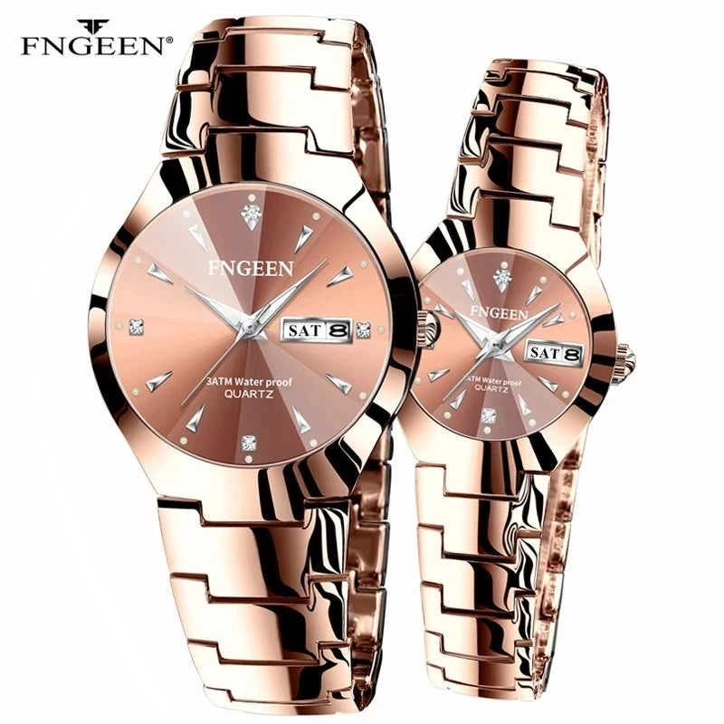 FNGEEN - Montre Couple FNGEEN 5808 - Acier Inoxydable Bicolore Or Rose - Étanche 3 ATM - Cadeau Amoureux