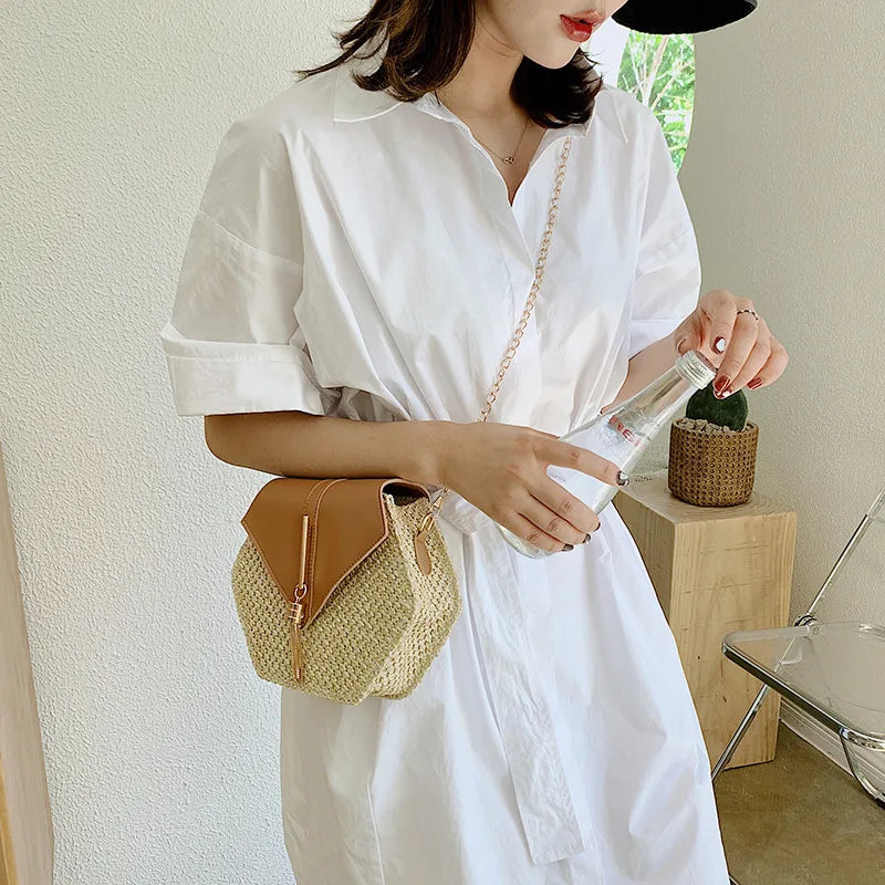 Sac à Main Hexagonal Paille Rotin - Sac Plage Bohème Tissé Main Chaîne Été