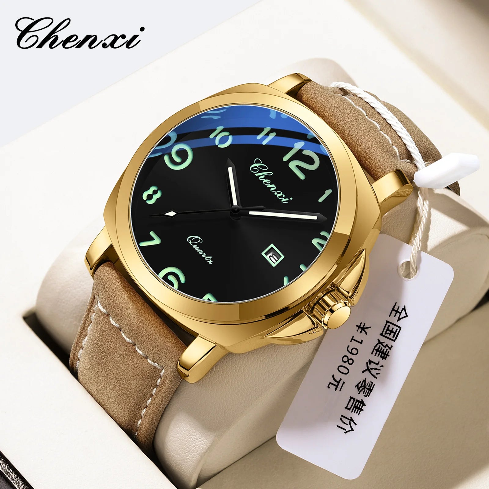Montre Homme Luxe CHENXI 2026 - Cuir Véritable, Date Lumineuse, Calendrier, Sport Quartz Étanche 3 ATM