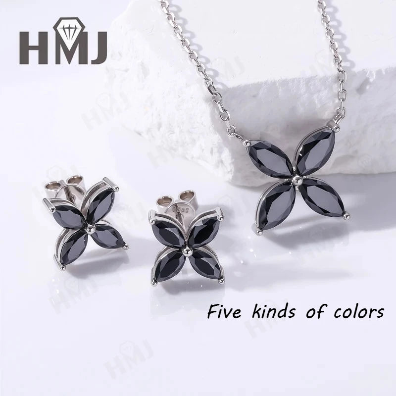 Collier Pendentif, Boucles d'Oreilles Puces, Trèfle à Quatre Feuilles, Moissanite Marquise, Argent Sterling 925