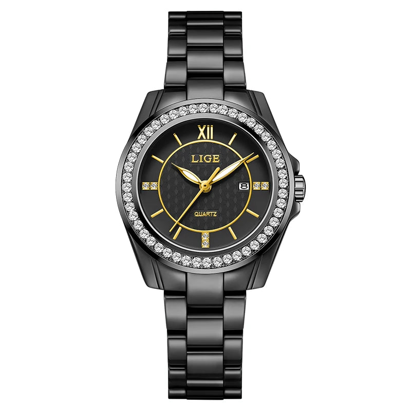 Montre Femme LIGE 2026 Rose – Quartz Céramique Élégante, Calendrier & Étanche 3 ATM