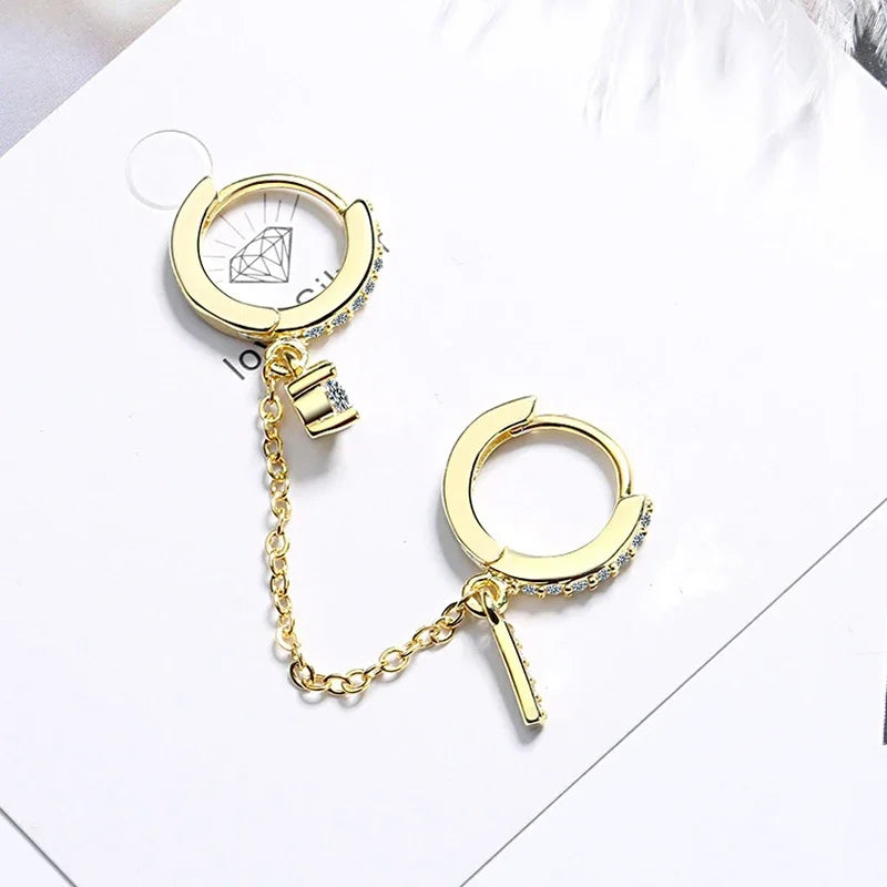 Boucles d'Oreilles Femmes Double Trou Chaîne Cristal - Bijou Femme Tendance