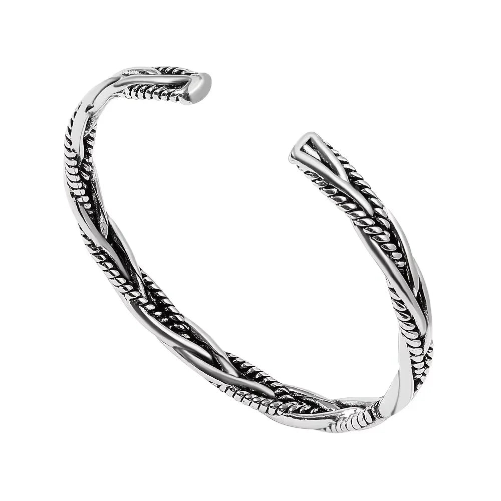 Bracelet Manchette Antique Argenté Torsadé Ajustable Unisexe