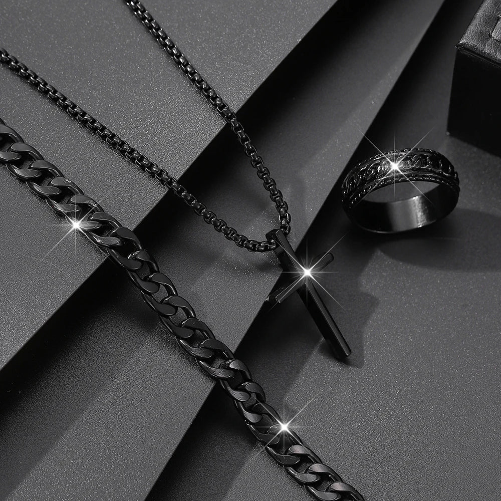 Ensemble Bijoux Homme 3 Pièces Alliage - Collier Pendentif Croix, Bracelet & Bague