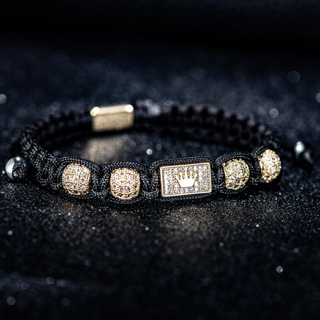 Bracelet Tressé Noir Ajustable Homme Design Couronne Zircones - Hip-Hop