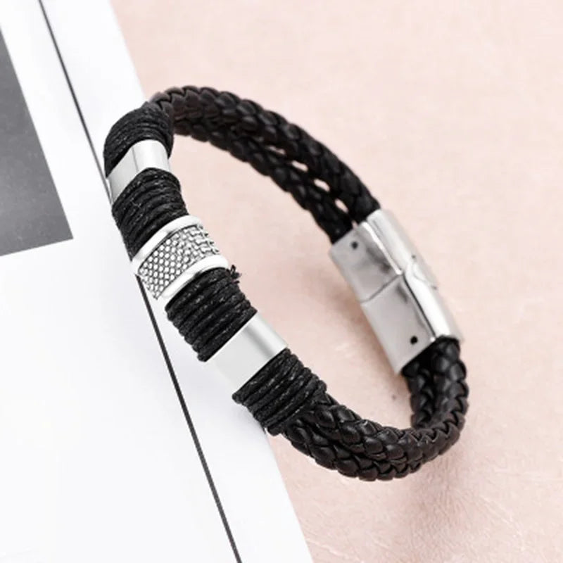Bracelet Cuir Tressé Perles Homme Femme - Hip-Hop Punk Acier Inoxydable Unisexe Charme