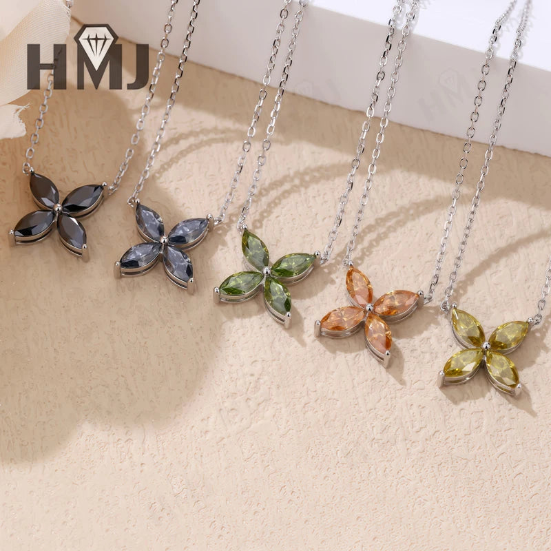 Collier Pendentif, Boucles d'Oreilles Puces, Trèfle à Quatre Feuilles, Moissanite Marquise, Argent Sterling 925