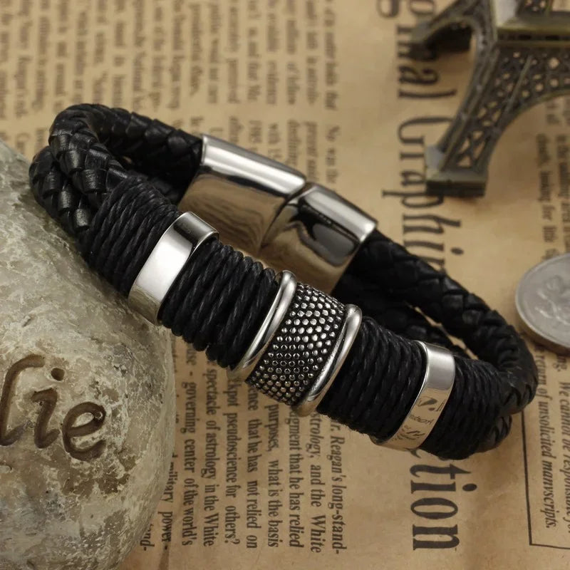 Bracelet Cuir Tressé Perles Homme Femme - Hip-Hop Punk Acier Inoxydable Unisexe Charme