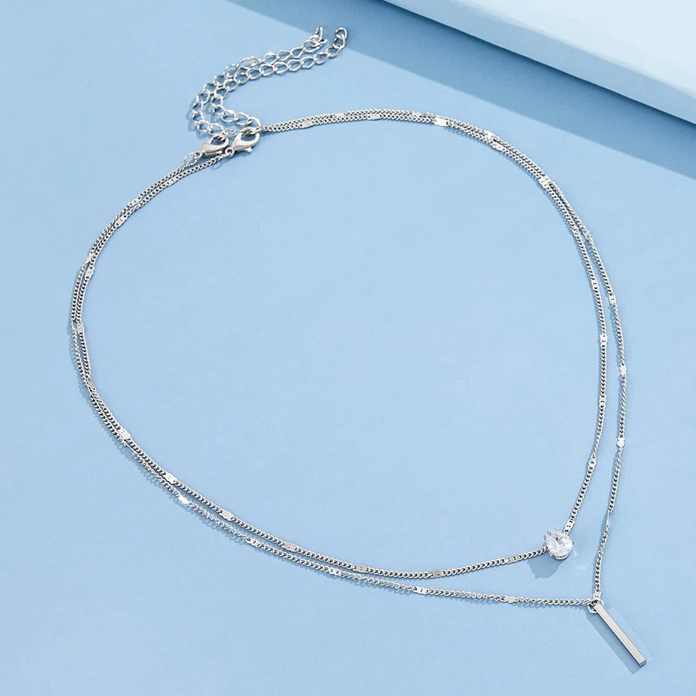 Collier Multi-Rangs Pendentif Zircon - Bijou Femme Tendance Choker