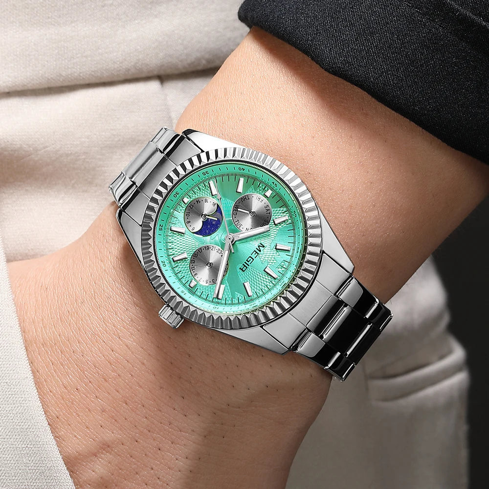 MEGIR - Montre Femme Phase de la Lune à Quartz en Acier Inoxydable Étanche