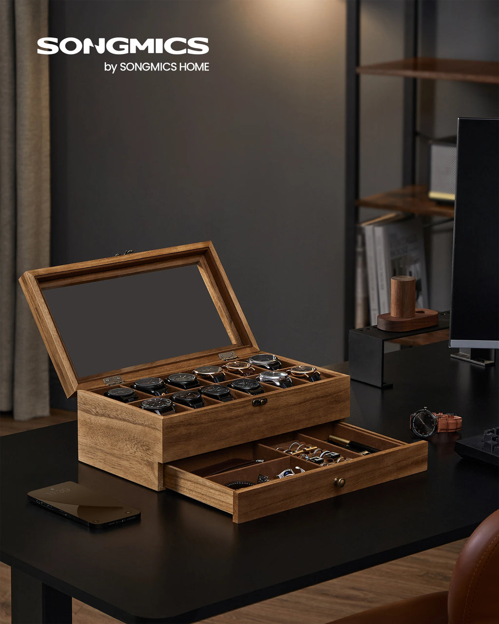 Boîte à Montres SONGMICS 12 Emplacements - 2 Niveaux - Grand Verre - Coussins Amovibles - Velours - Bijoux