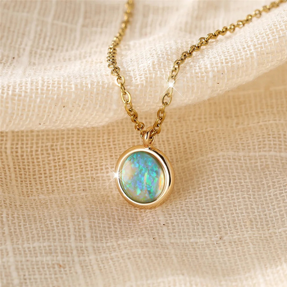 Collier de Luxe Pendentif Rond Pierre d'Opale Bleue Blanche - Vintage Couleur Or Mariage
