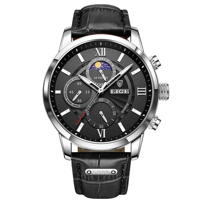 LIGE - Montre Homme Chronographe - Cuir Marron - Phase de Lune - Étanche 3 ATM