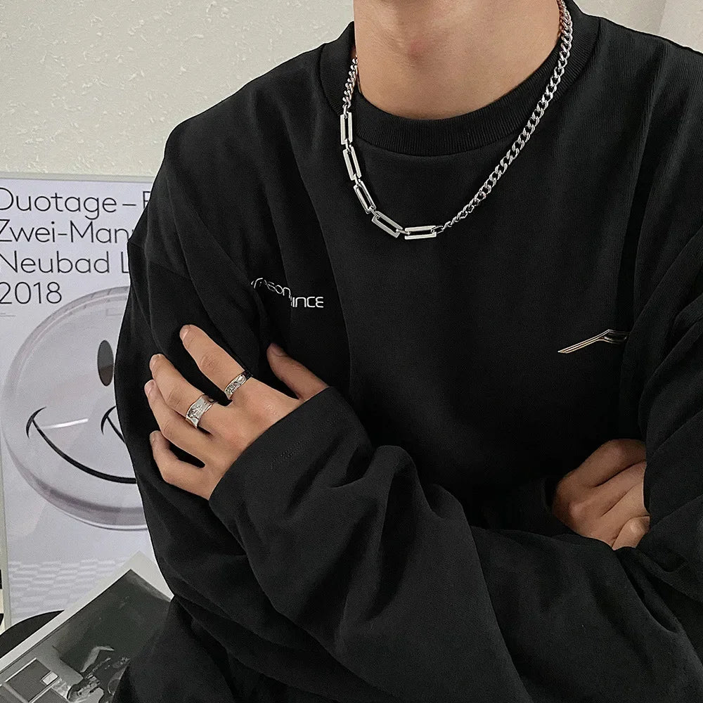 Collier Homme Tendance Pendentif Carré Noir - Chaîne Acier Inoxydable Asymétrique