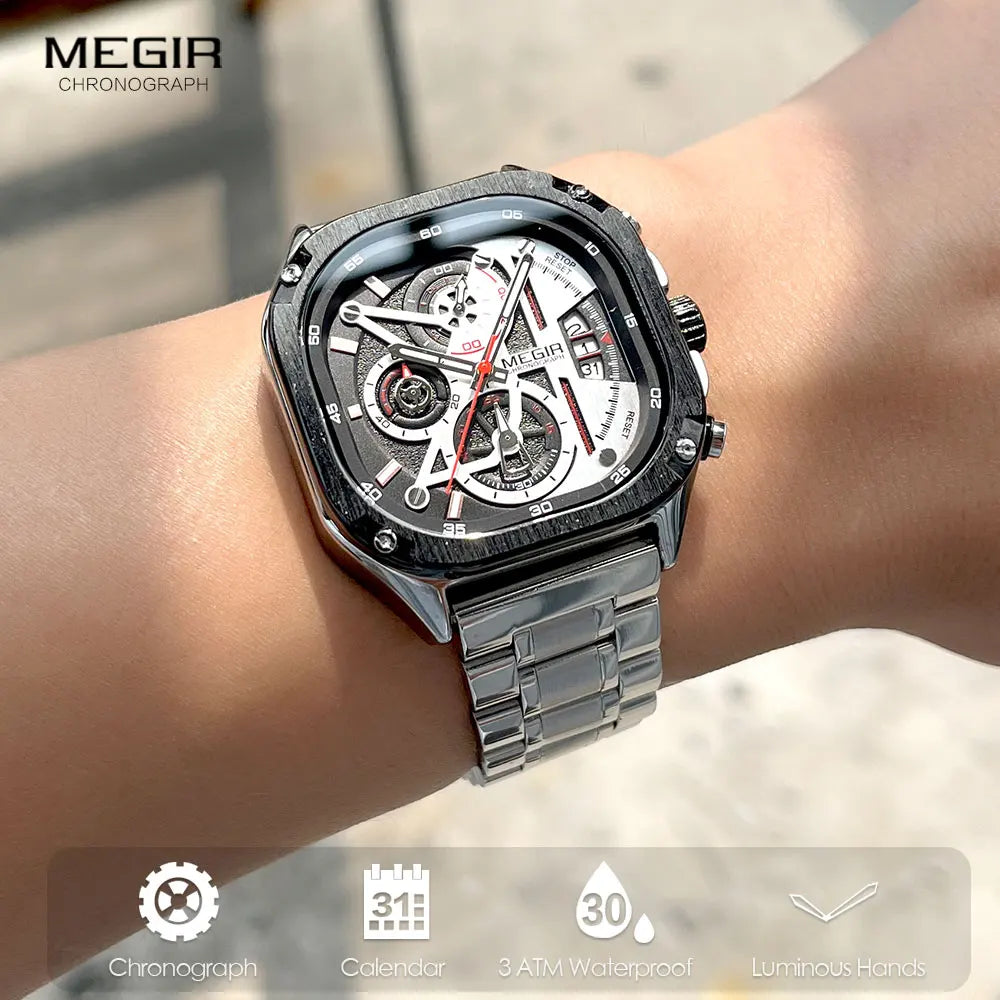 MEGIR - Montre Homme à Quartz Étanche Cadran Carré -Bracelet en acier Inoxydable et Aiguilles Lumineuses