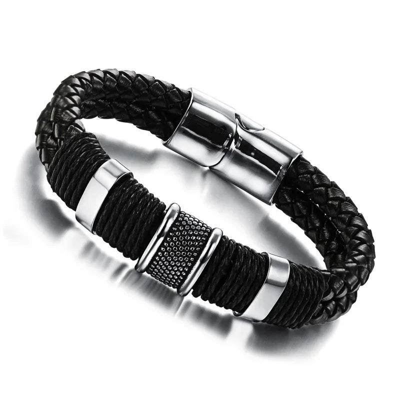 Bracelet Cuir Tressé Perles Homme Femme - Hip-Hop Punk Acier Inoxydable Unisexe Charme