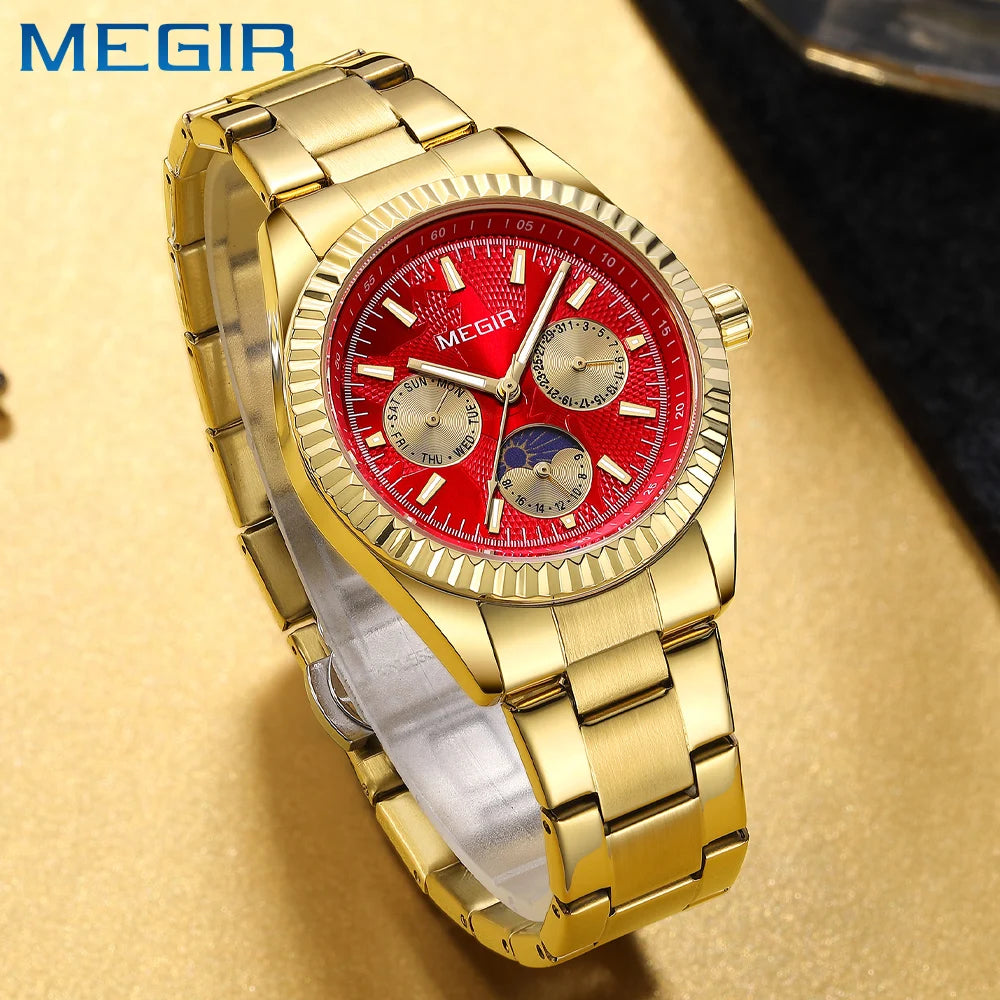 MEGIR - Montre Femme Phase de la Lune à Quartz en Acier Inoxydable Étanche