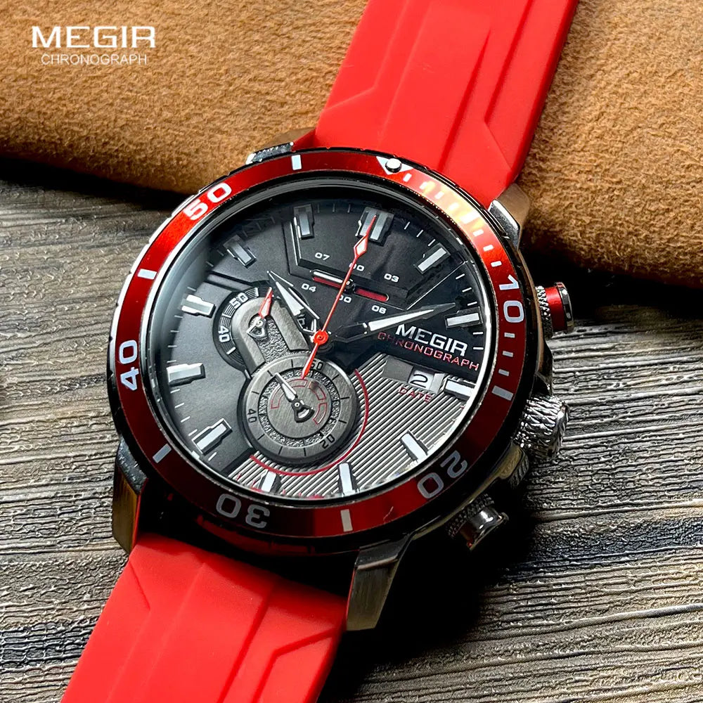 MEGIR - Montre Homme MEGIR Sport Chronographe Orange - Bracelet Silicone - Étanche 3 ATM - Lumineux