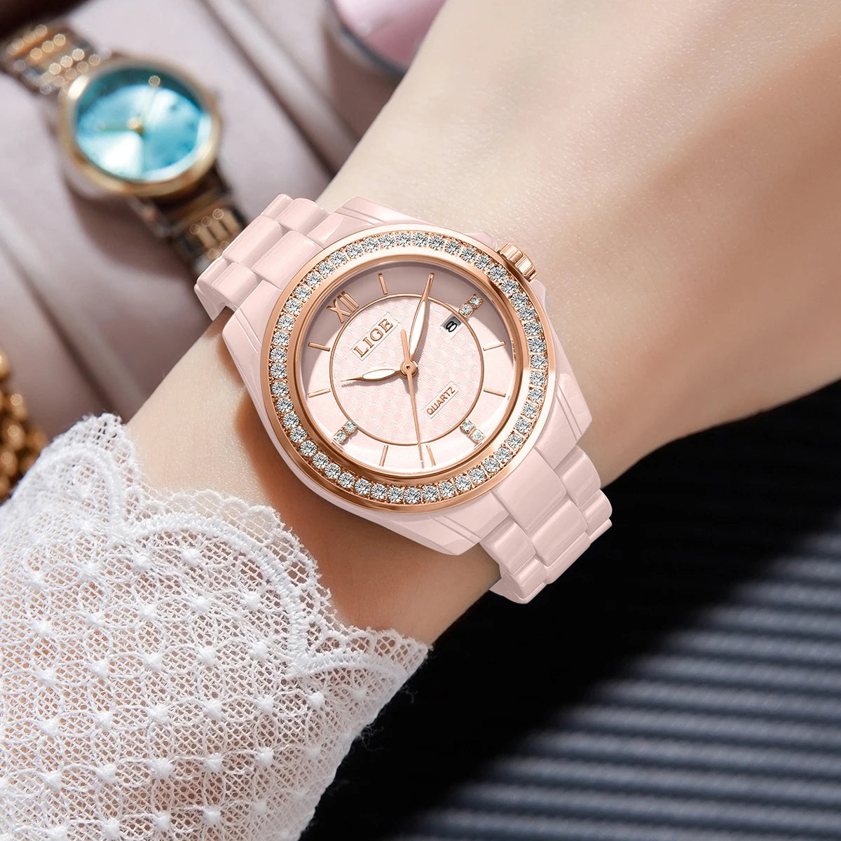 Montre Femme LIGE 2026 Rose – Quartz Céramique Élégante, Calendrier & Étanche 3 ATM