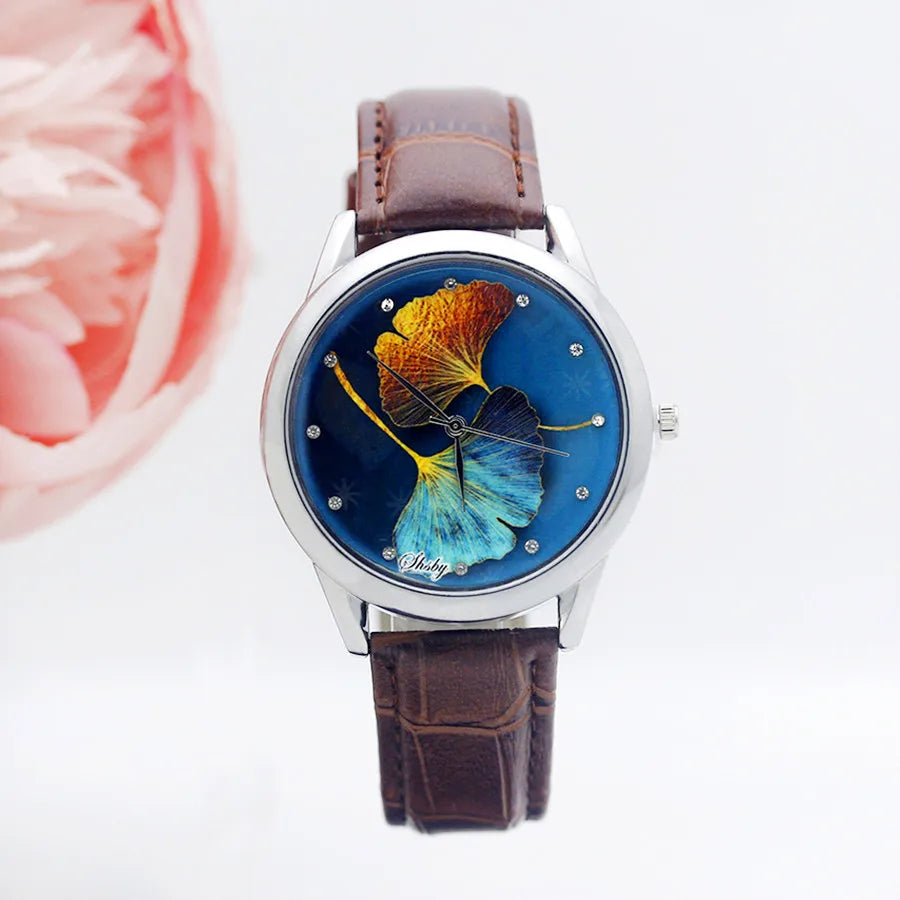 SHSBY - Montre Femme - Bracelet Cuir - Motif Fleur Élégant - Cadeau Idéal