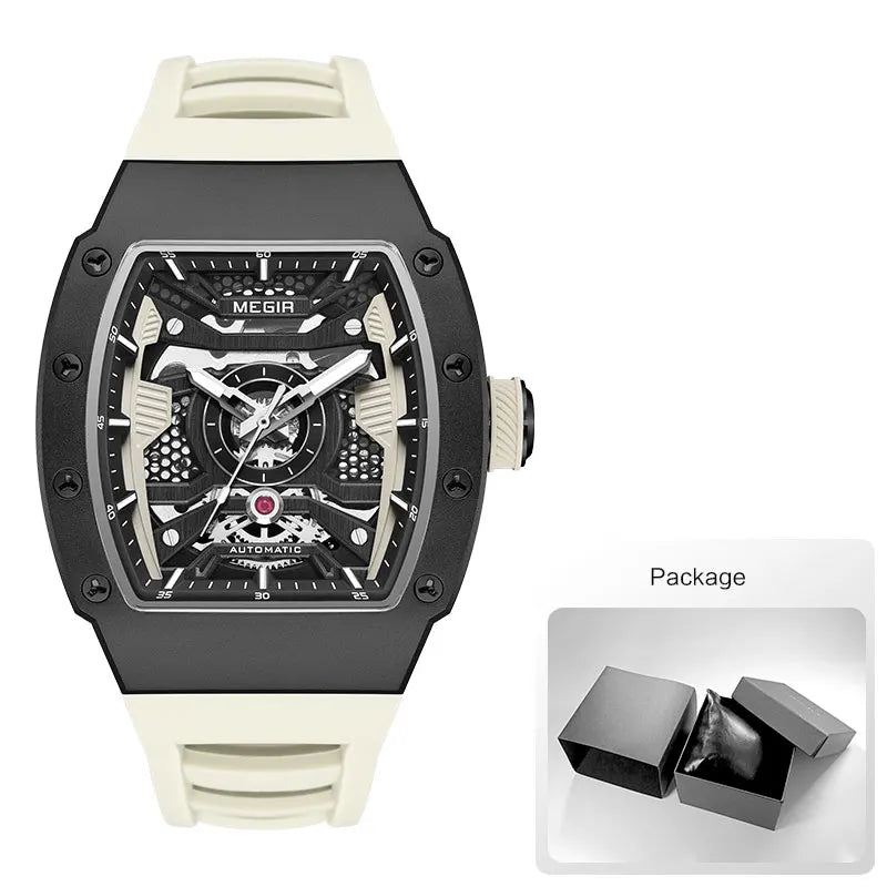 MEGIR - Montre Homme MEGIR 8604 Mécanique Automatique Squelette - Boîtier Tonneau Acier - Bracelet Silicone