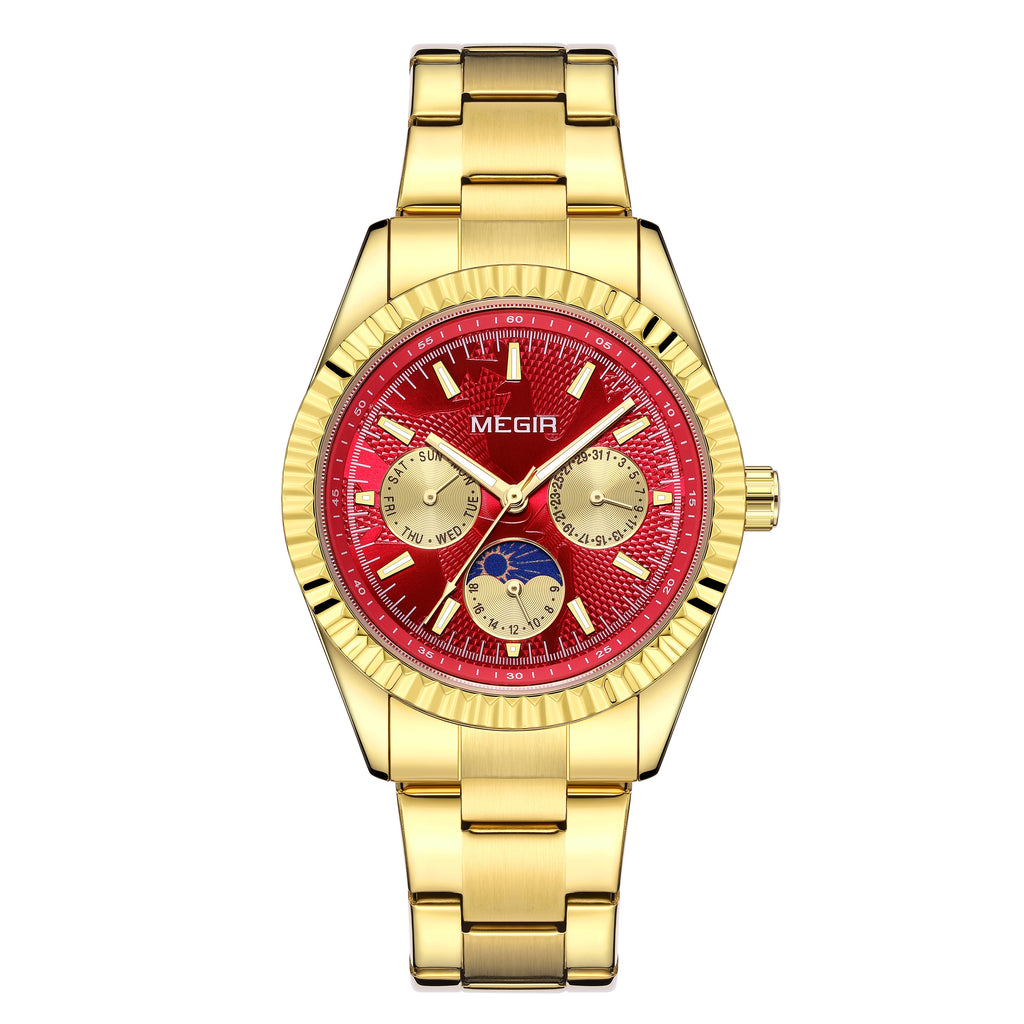 MEGIR - Montre Femme Phase de la Lune à Quartz en Acier Inoxydable Étanche