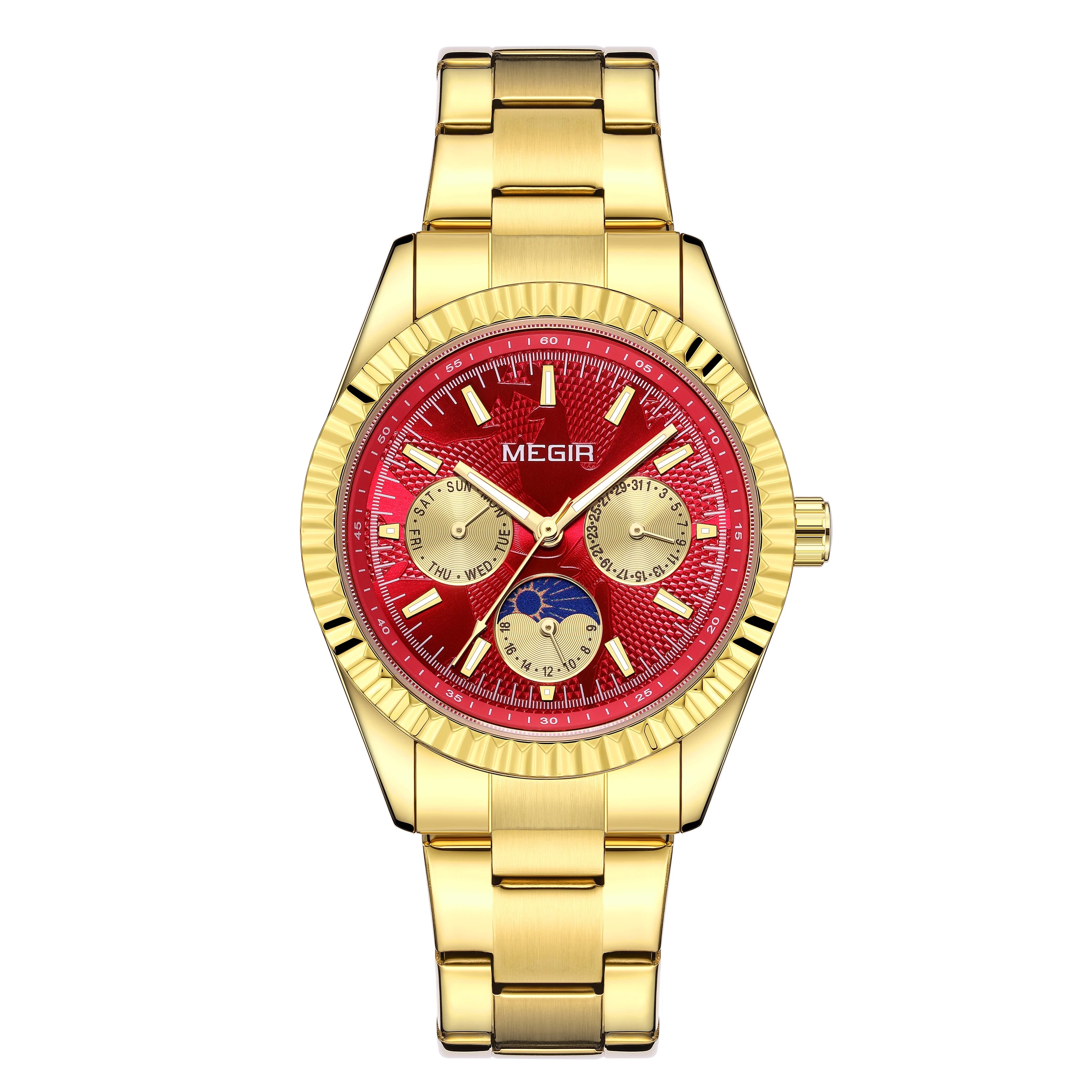 MEGIR - Montre Femme Phase de la Lune à Quartz en Acier Inoxydable Étanche